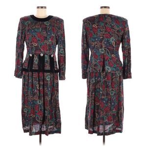 Vintage 90s Melissa Harper MHM Midi Dress Rose Paisley Velvet Peplum Size 8